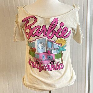 Barbie California Upcycled T-Shirt Woven Shredded Grunge Hand Altered Tee Sz S